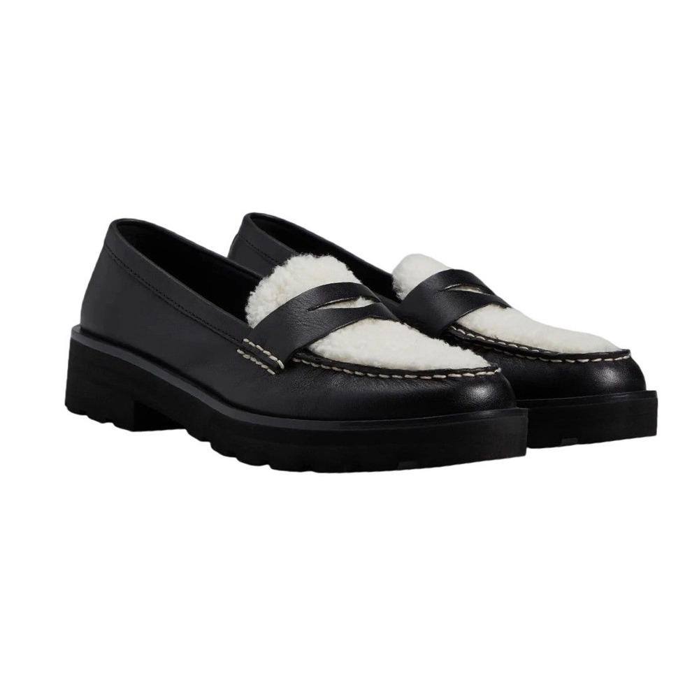 SPERRY Chunky PENNY LOAFER Black Leather Cream Sherpa -Valencia Size 7